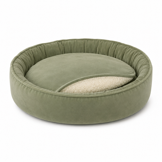 Nid moelleux vert sauge pour chat avec coussin amovible 48 cm
