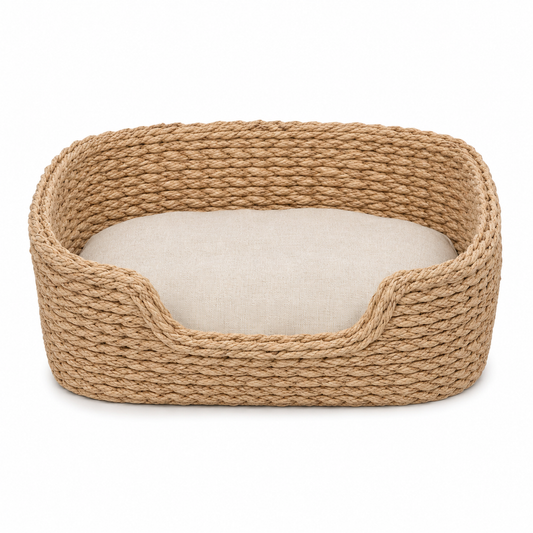Corbeille tressée naturelle pour petit animal avec coussin 45x35 cm
